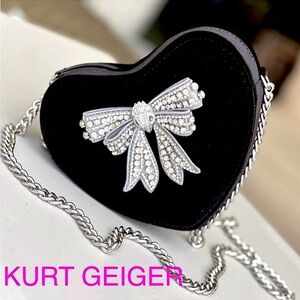Kurt Geiger London Crystal Bow Heart Velvet Crossbody Bag Black Silver Chain